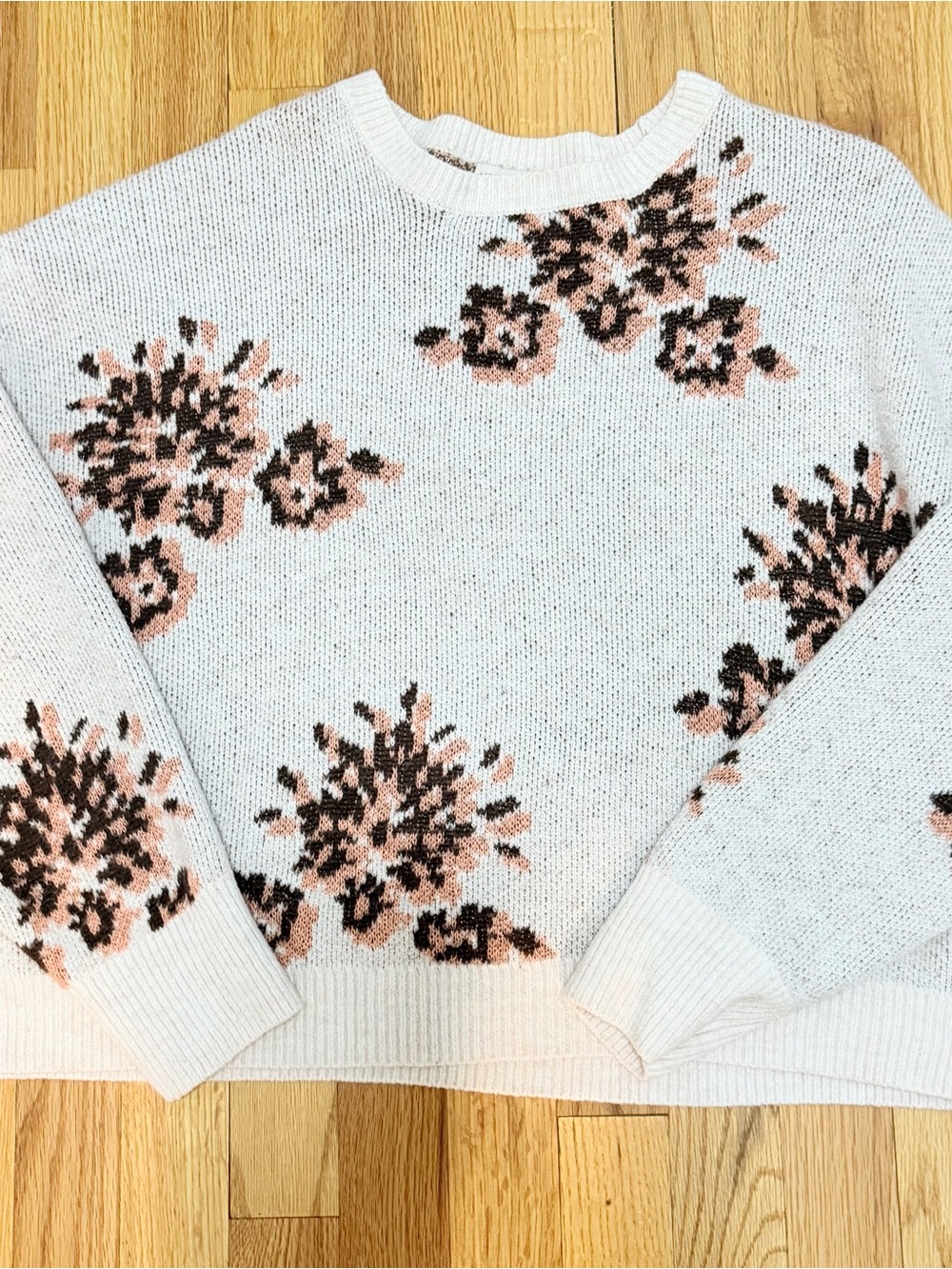 Knox Rose White Crewneck Sweater with Pink & Black Floral Pattern